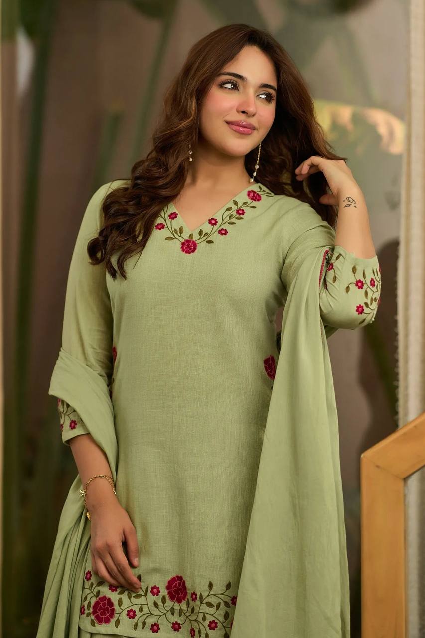 Meher Designer Mal Chanderi Cotton Multi Needle Embroidered Top With Farshi Salwar & Dupatta