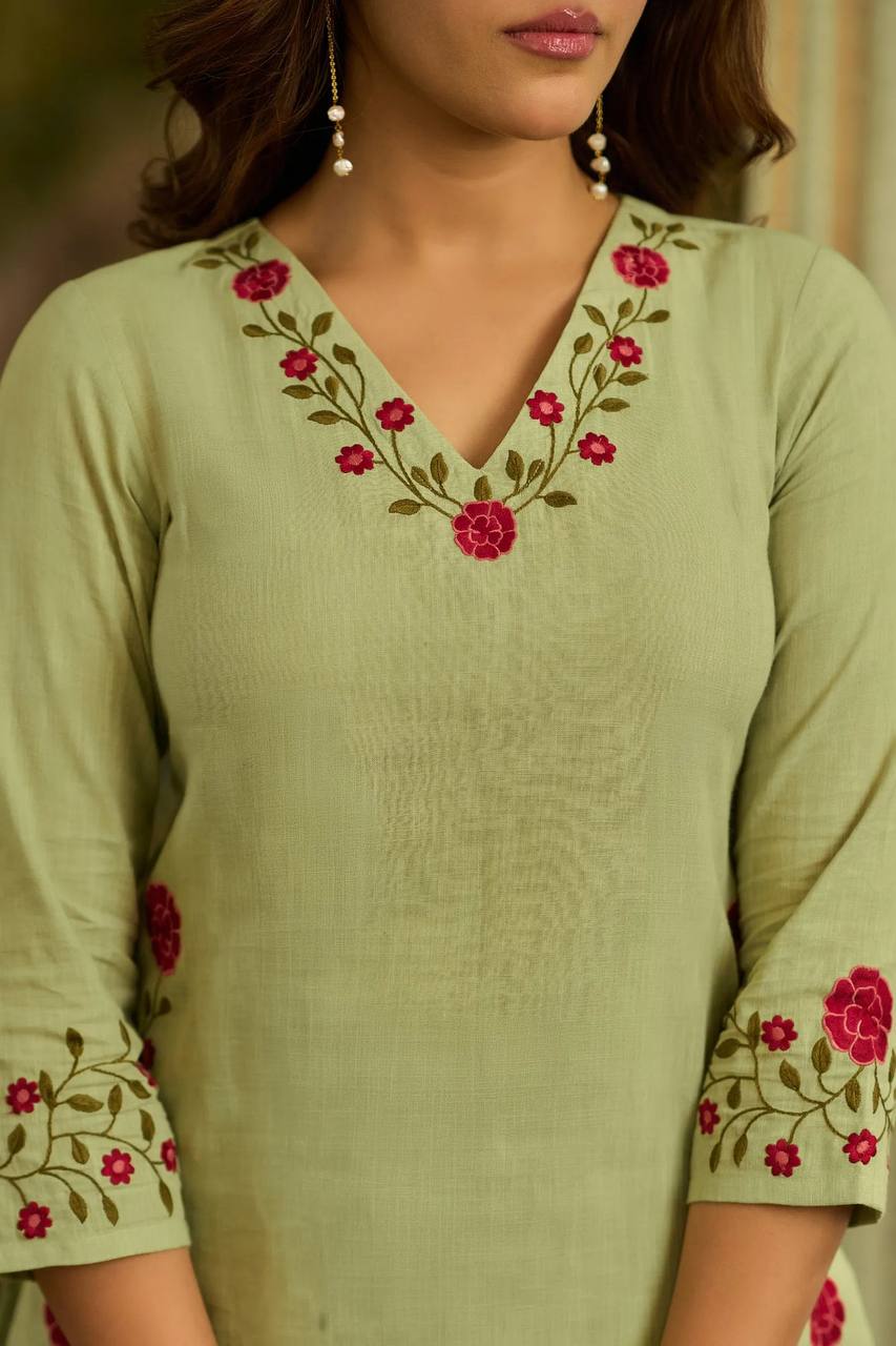 Meher Designer Mal Chanderi Cotton Multi Needle Embroidered Top With Farshi Salwar & Dupatta