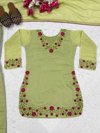 Meher Designer Mal Chanderi Cotton Multi Needle Embroidered Top With Farshi Salwar & Dupatta