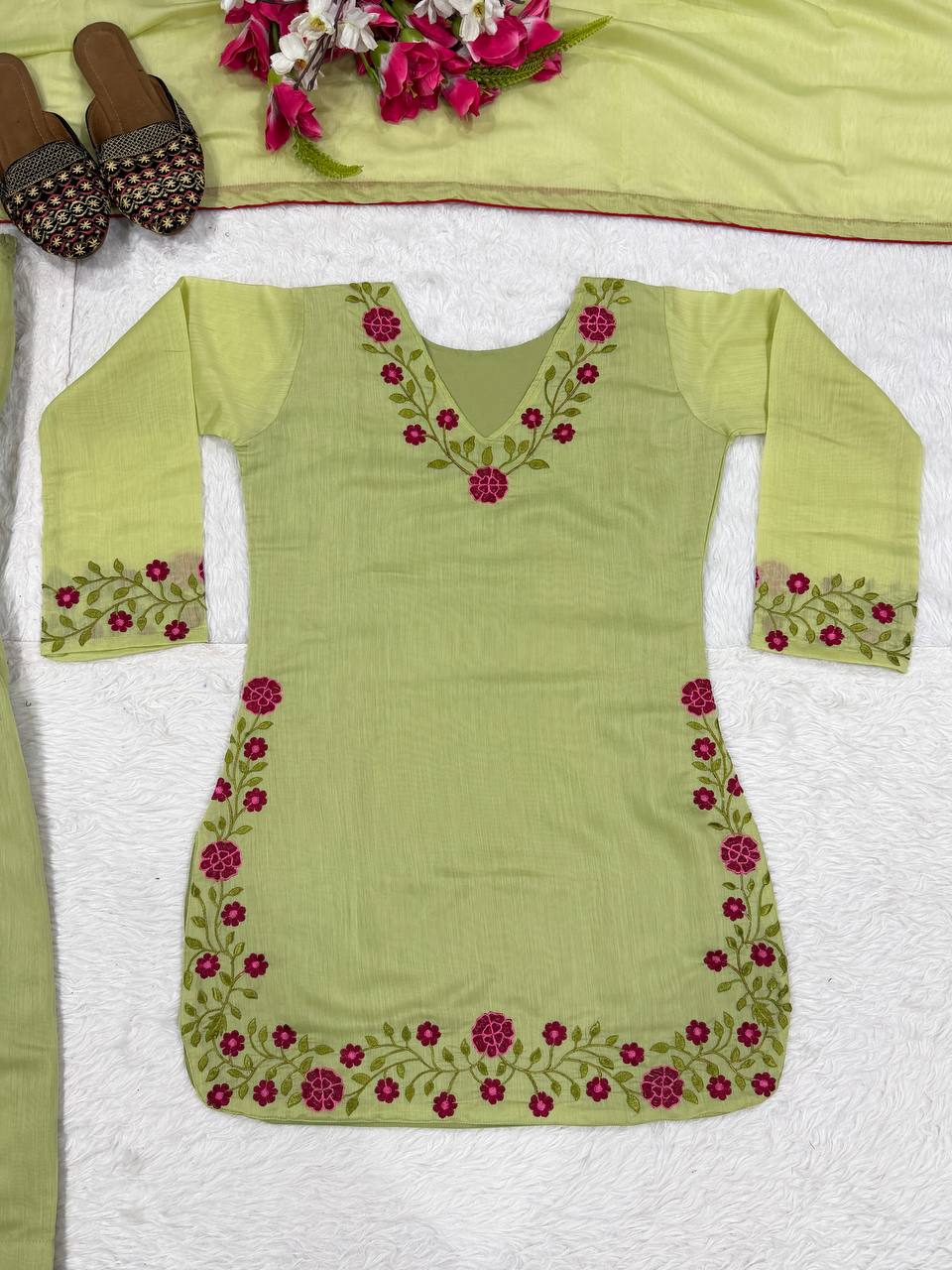 Meher Designer Mal Chanderi Cotton Multi Needle Embroidered Top With Farshi Salwar & Dupatta