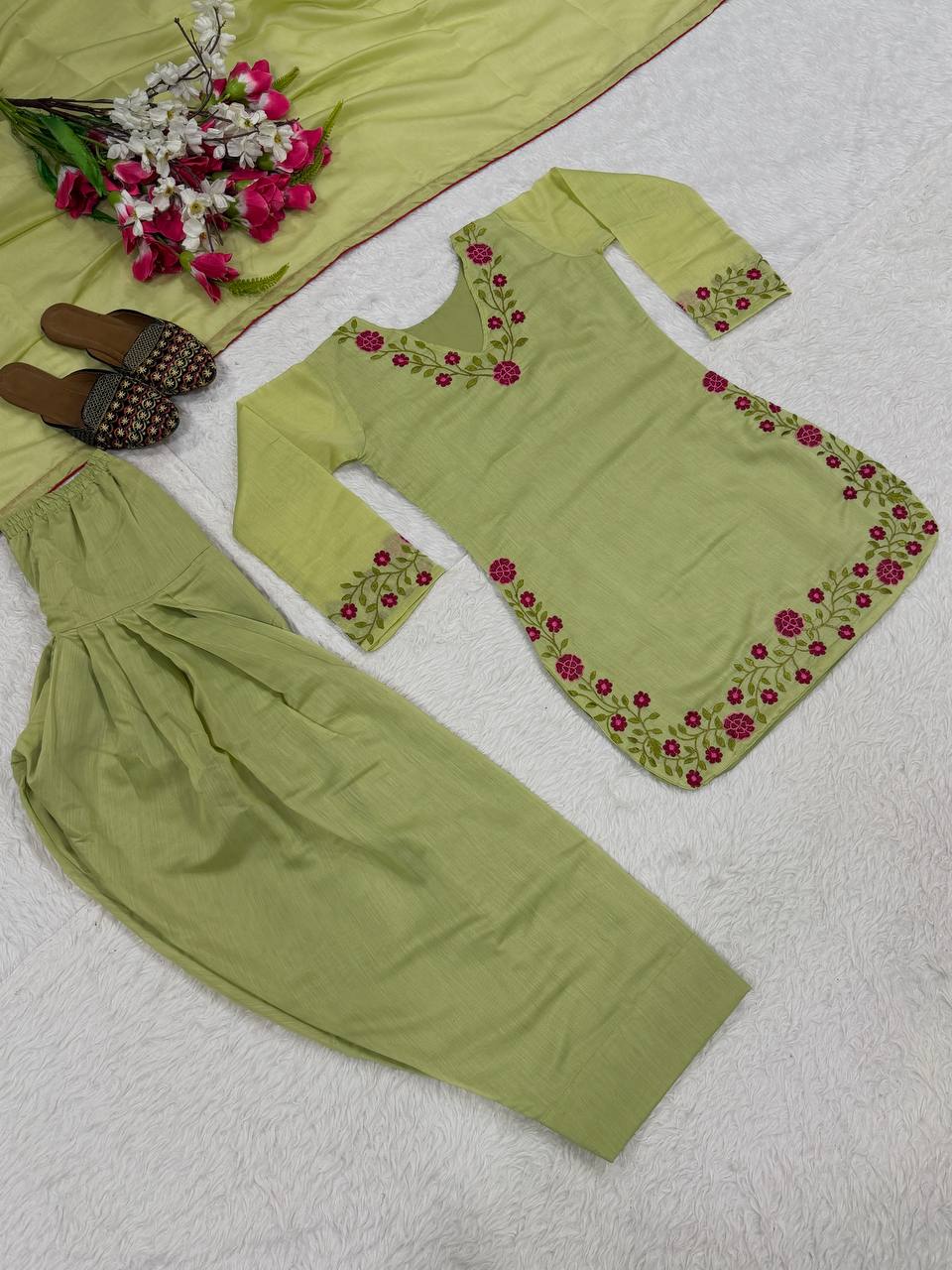 Meher Designer Mal Chanderi Cotton Multi Needle Embroidered Top With Farshi Salwar & Dupatta