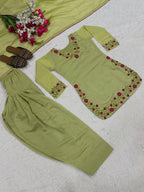 Meher Designer Mal Chanderi Cotton Multi Needle Embroidered Top With Farshi Salwar & Dupatta
