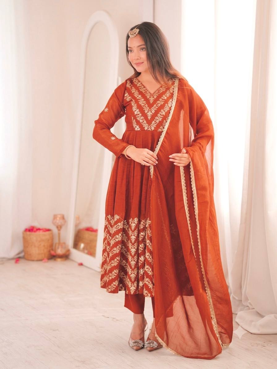 Nooraya Designer Crunchy Silk Anarkali Gown with Embroidery & Sequins Work, Pant and Lace Border Dupatta