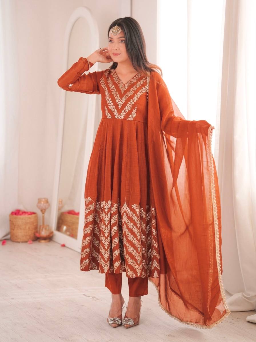 Nooraya Designer Crunchy Silk Anarkali Gown with Embroidery & Sequins Work, Pant and Lace Border Dupatta