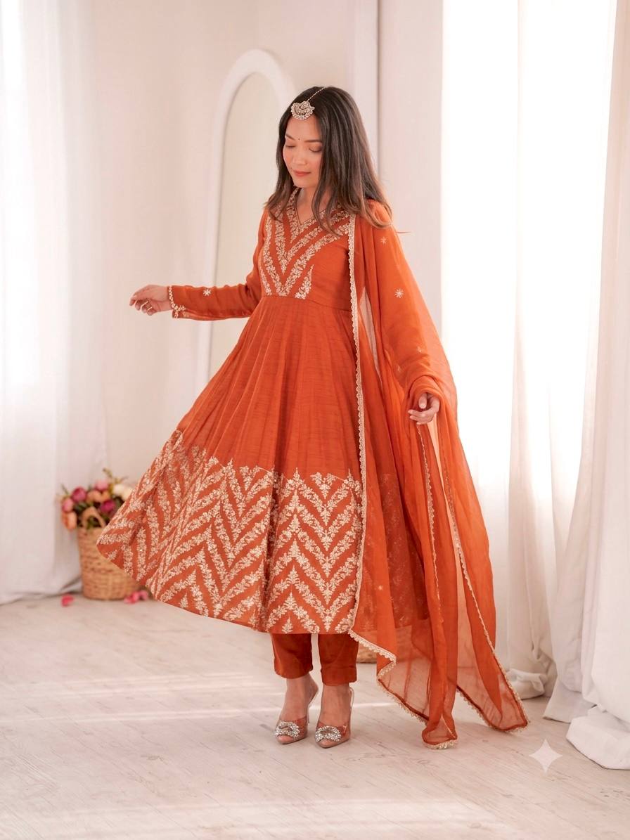 Nooraya Designer Crunchy Silk Anarkali Gown with Embroidery & Sequins Work, Pant and Lace Border Dupatta