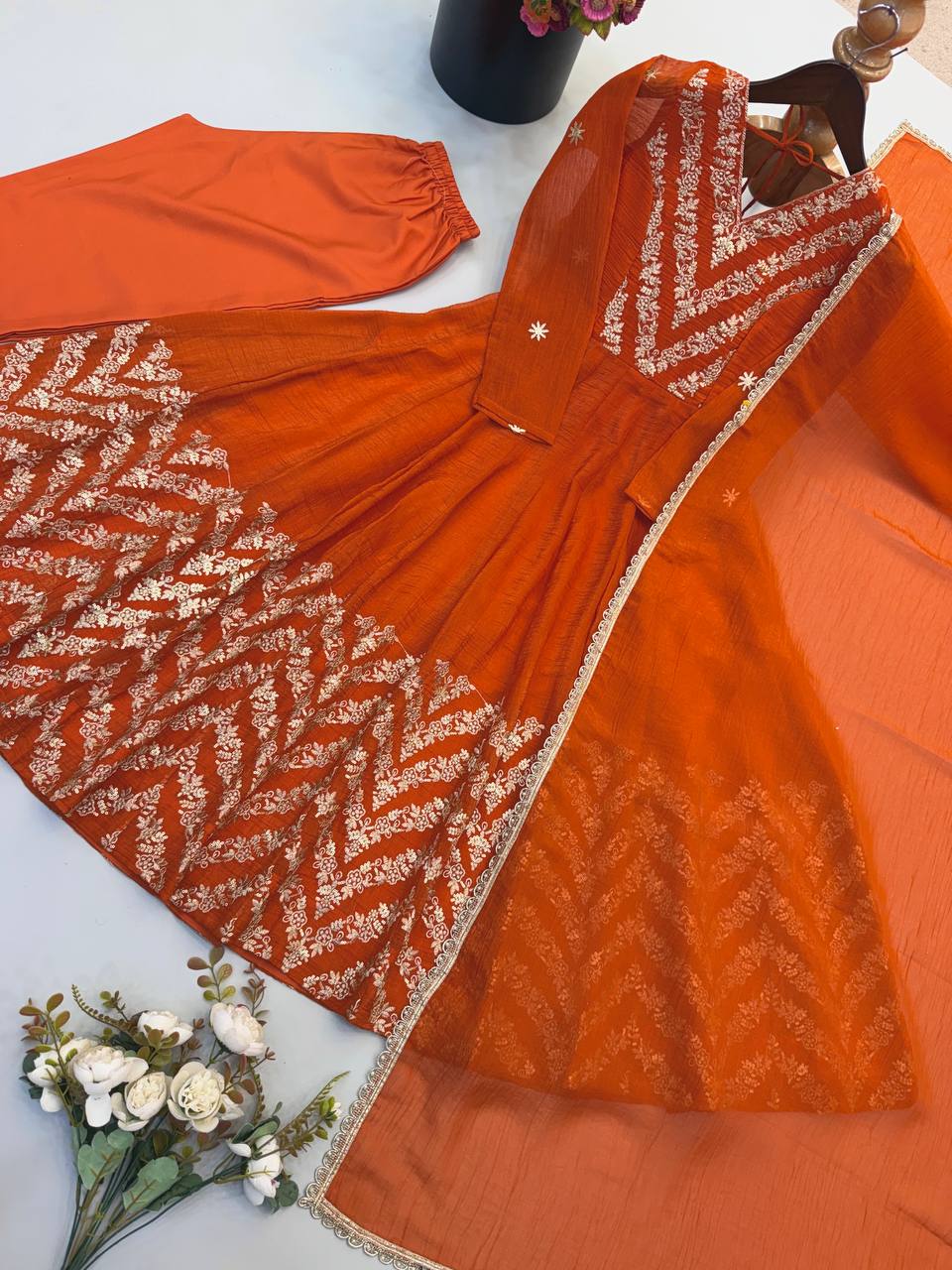 Nooraya Designer Crunchy Silk Anarkali Gown with Embroidery & Sequins Work, Pant and Lace Border Dupatta