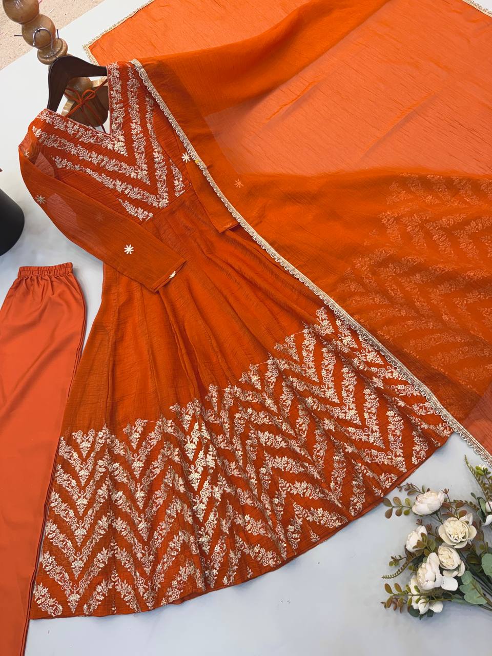 Nooraya Designer Crunchy Silk Anarkali Gown with Embroidery & Sequins Work, Pant and Lace Border Dupatta