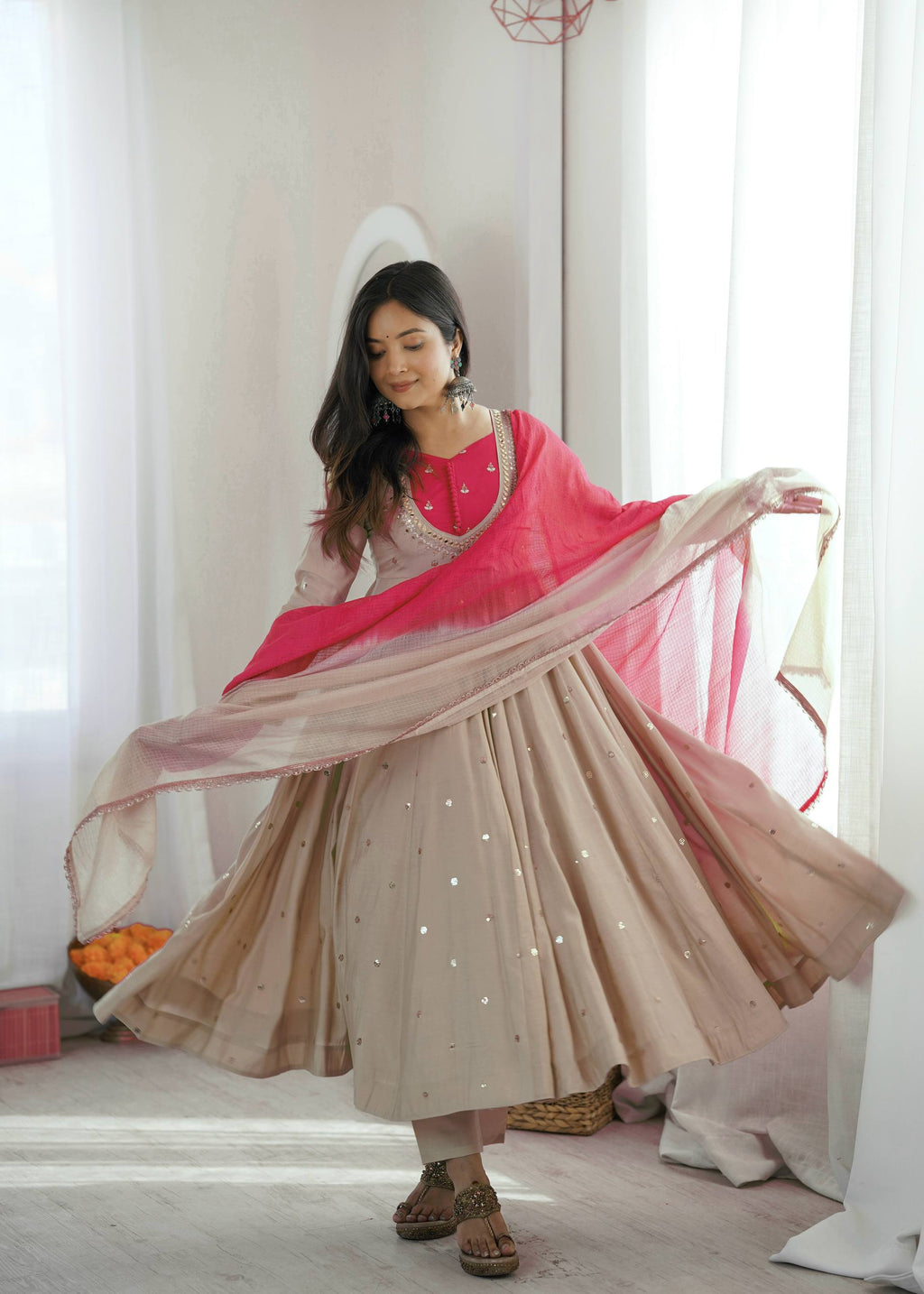 Designer Roman Silk Gown with Real Mirror Embroidery and Dupatta