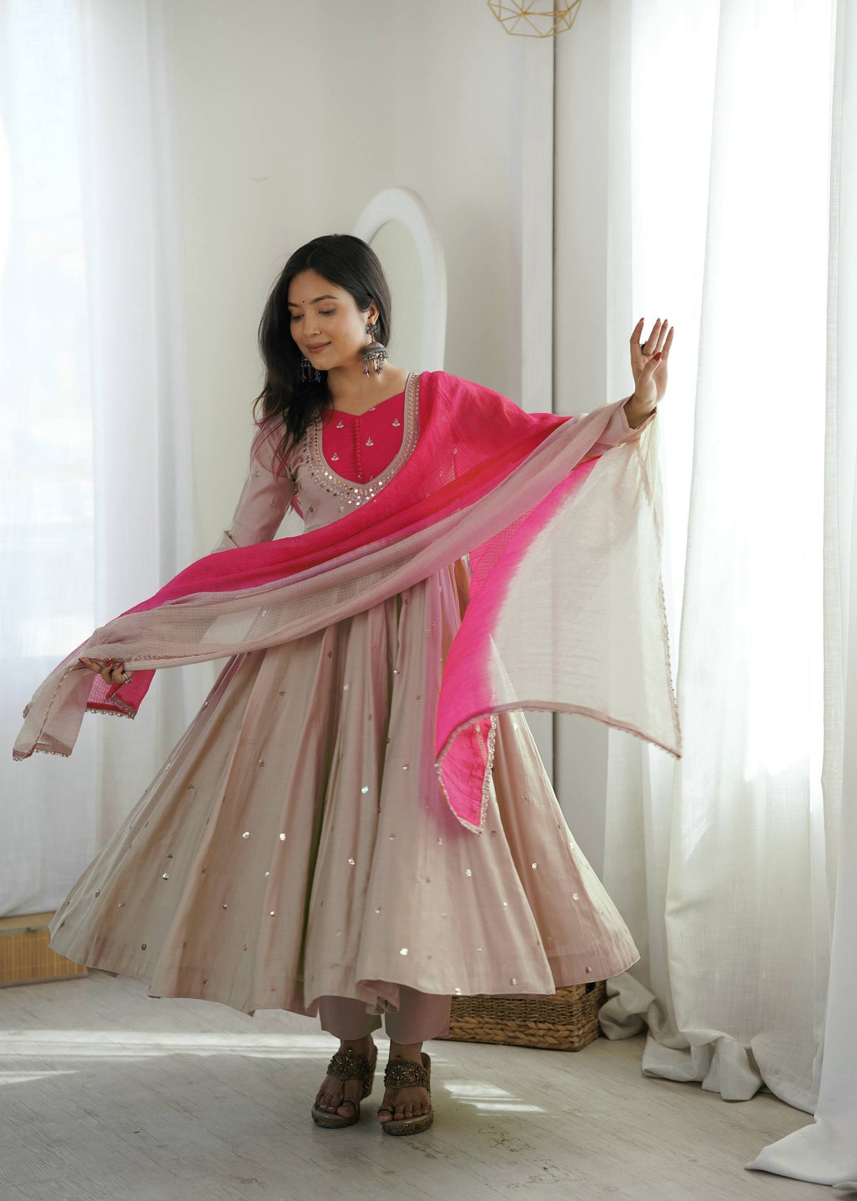 Designer Roman Silk Gown with Real Mirror Embroidery and Dupatta