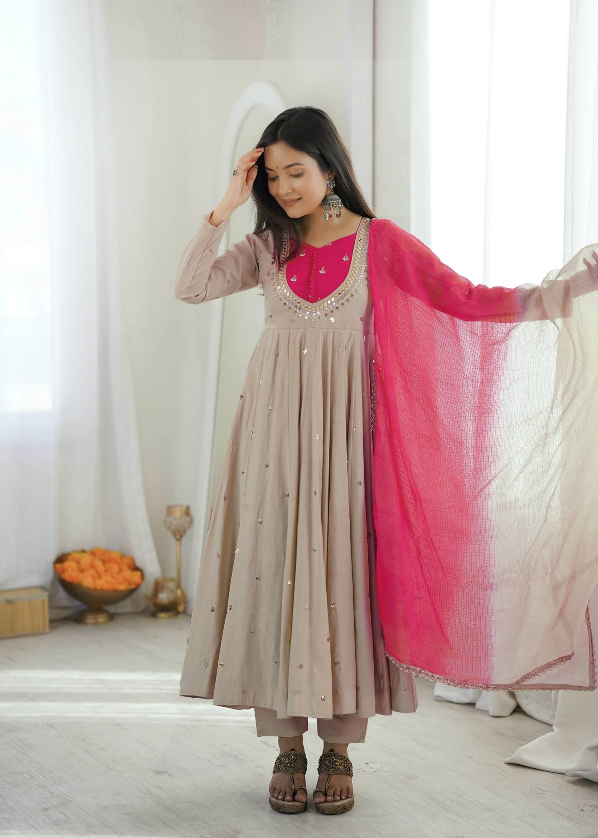Designer Roman Silk Gown with Real Mirror Embroidery and Dupatta