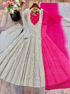 Designer Roman Silk Gown with Real Mirror Embroidery and Dupatta