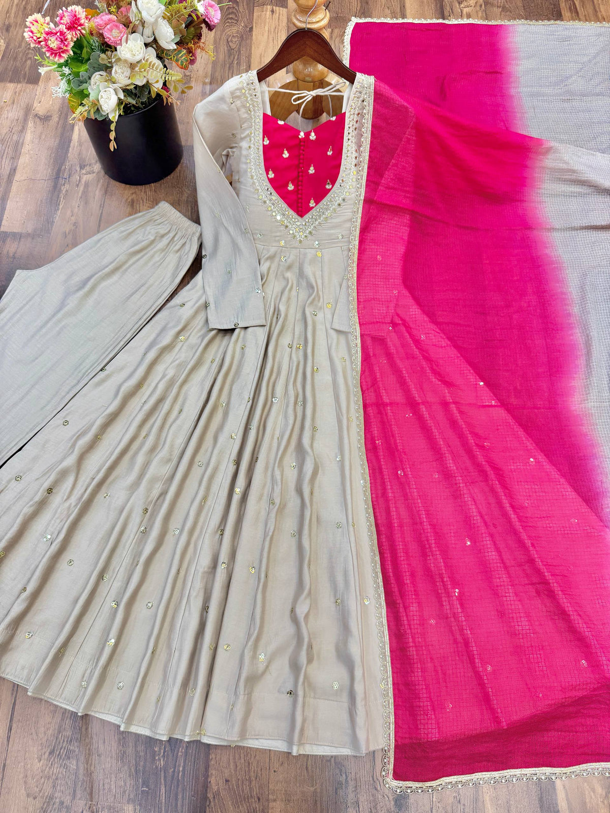 Designer Roman Silk Gown with Real Mirror Embroidery and Dupatta