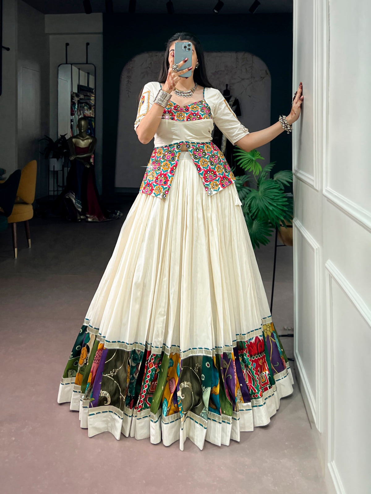 Navratri Wear 2026 | Khadi Cotton Chaniya Choli with Gamthi Work | 7 Meter Flair Garba Lehenga Set