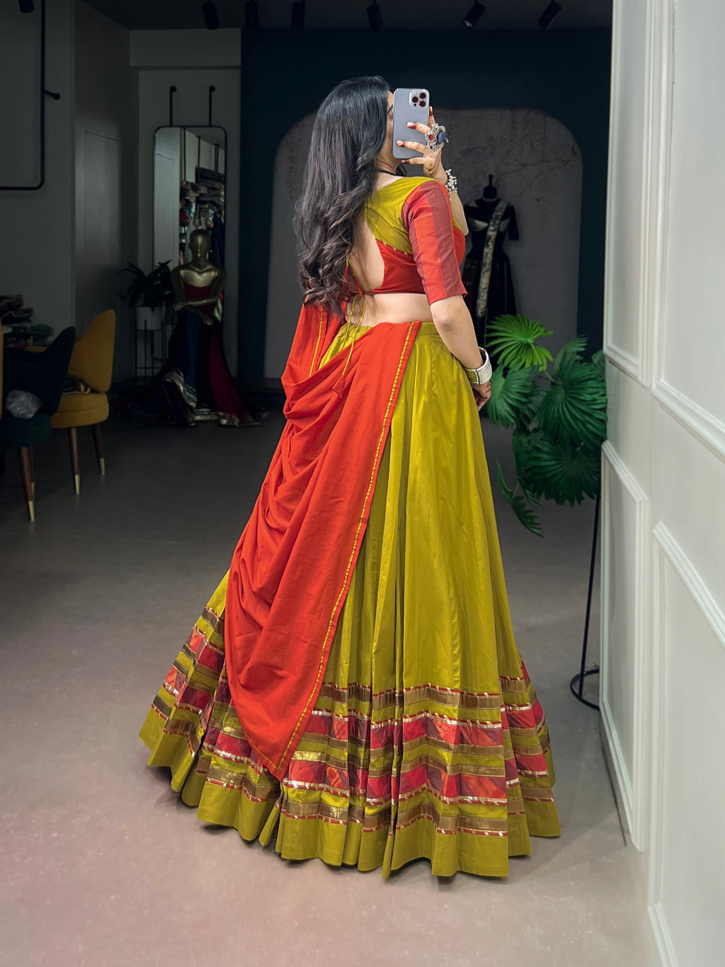 Navratri Wear Dhabu Cotton Chaniya Choli with Embossed Design & Ghughri Lace Garba Dandiya Outfit