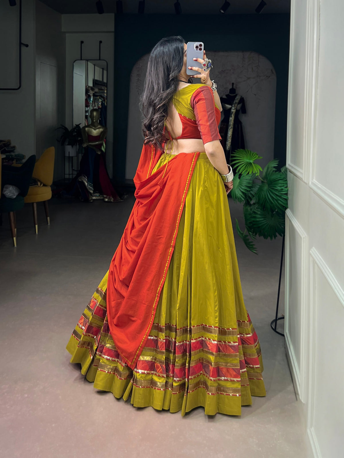 Navratri Wear Dhabu Cotton Chaniya Choli with Embossed Design & Ghughri Lace Garba Dandiya Outfit