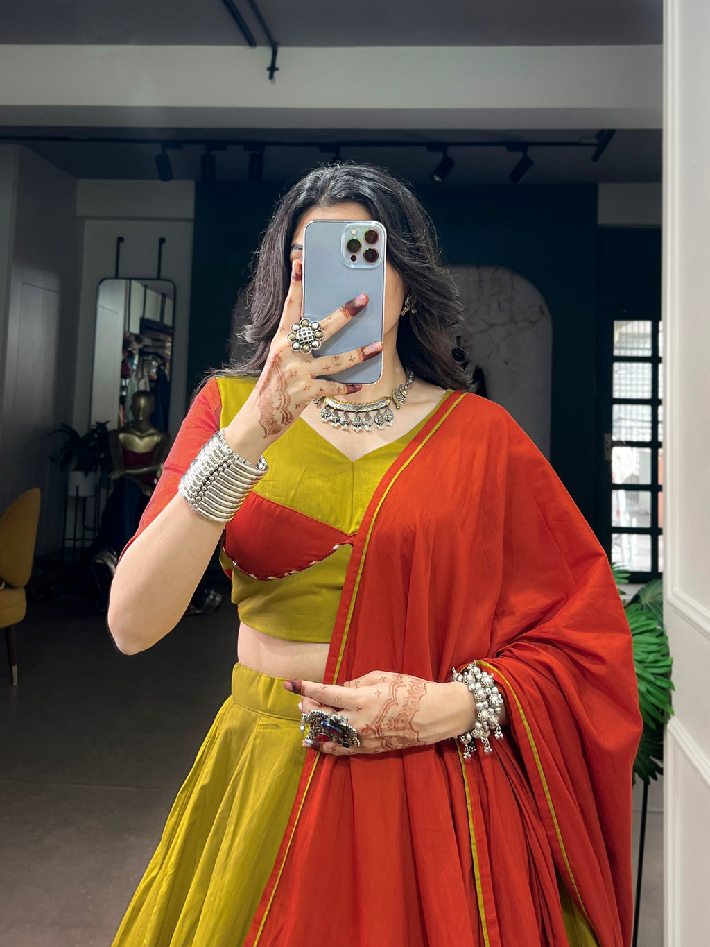 Navratri Wear Dhabu Cotton Chaniya Choli with Embossed Design & Ghughri Lace Garba Dandiya Outfit