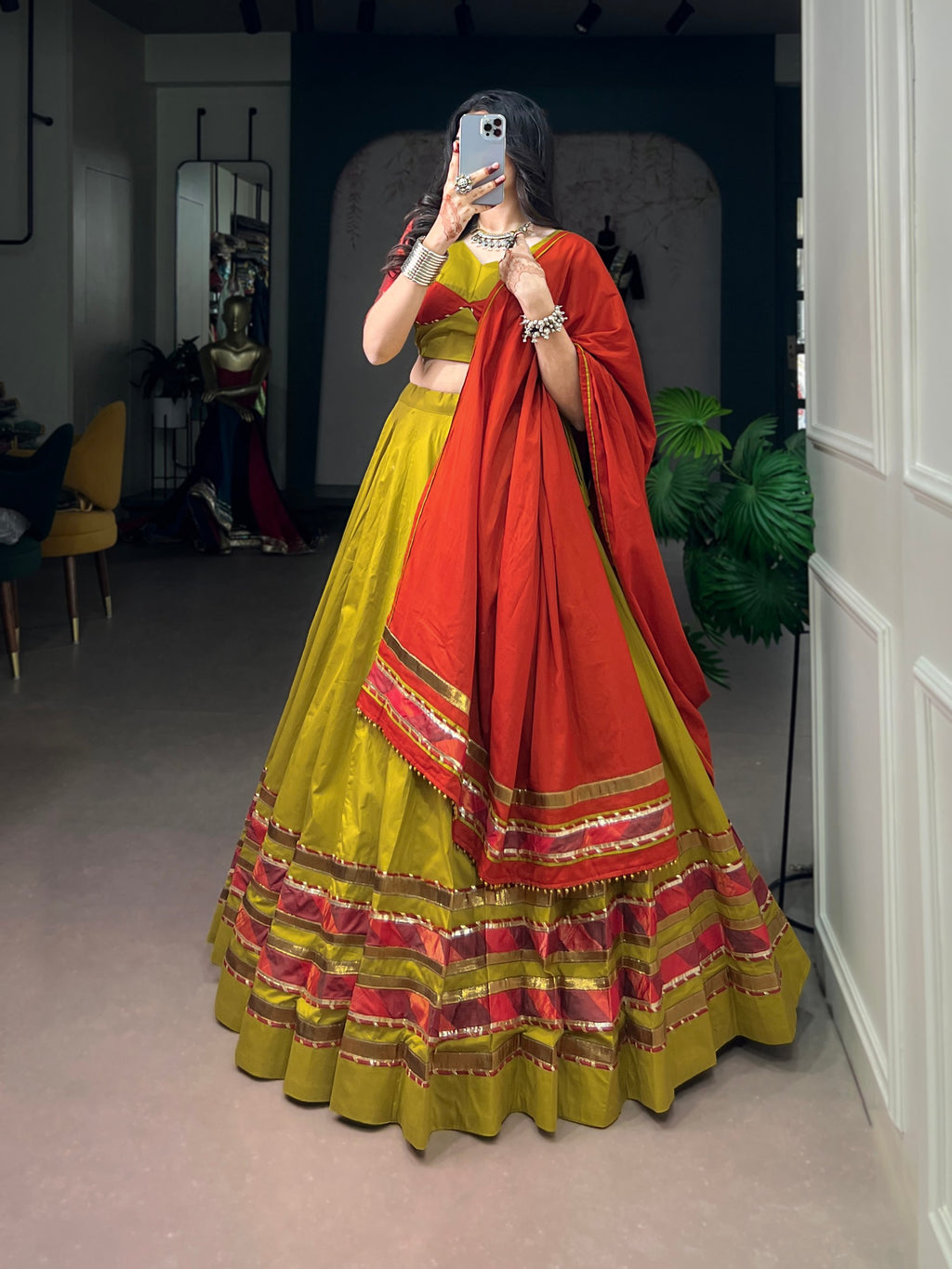 Navratri Wear Dhabu Cotton Chaniya Choli with Embossed Design & Ghughri Lace Garba Dandiya Outfit