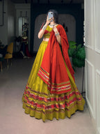 Navratri Wear Dhabu Cotton Chaniya Choli with Embossed Design & Ghughri Lace Garba Dandiya Outfit