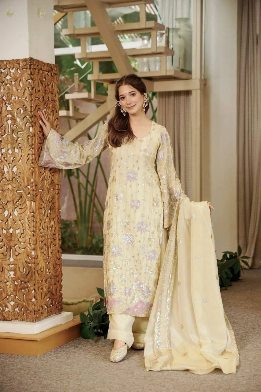 Yashika Vichitra Silk Thread & Sequence Embroidered Kurti with Palazzo & Dupatta Set