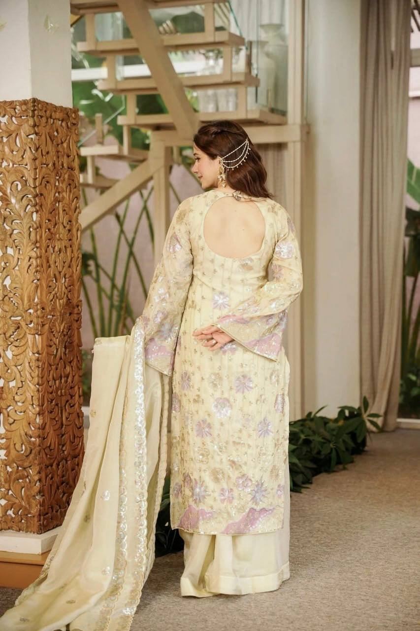 Yashika Vichitra Silk Thread & Sequence Embroidered Kurti with Palazzo & Dupatta Set
