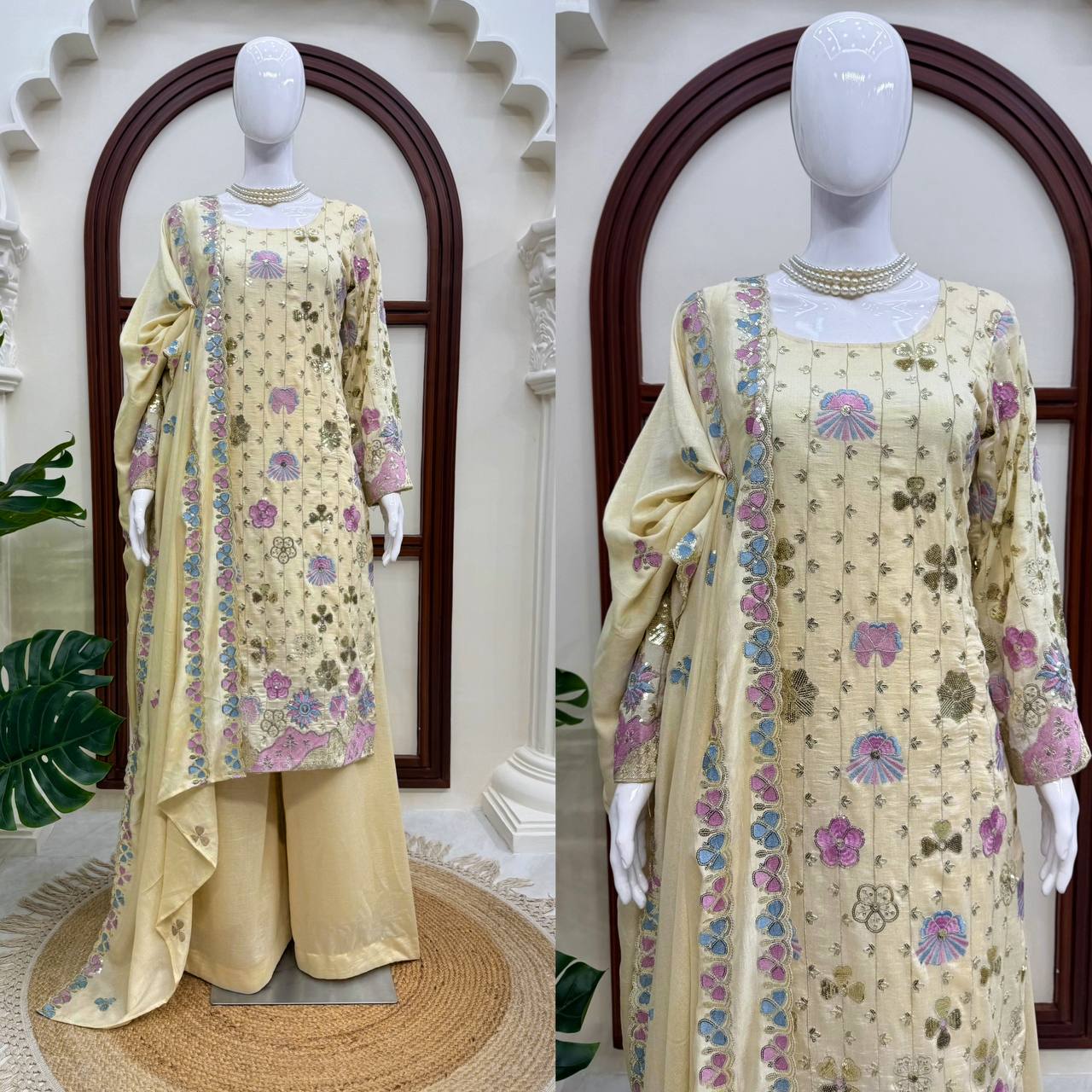 Yashika Vichitra Silk Thread & Sequence Embroidered Kurti with Palazzo & Dupatta Set