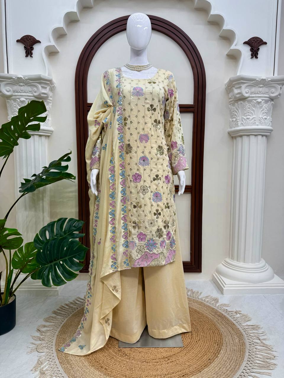 Yashika Vichitra Silk Thread & Sequence Embroidered Kurti with Palazzo & Dupatta Set