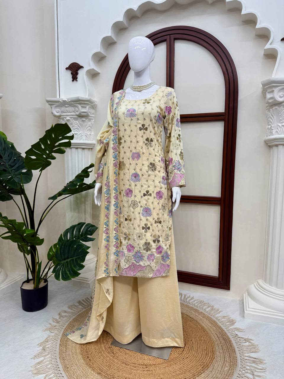 Yashika Vichitra Silk Thread & Sequence Embroidered Kurti with Palazzo & Dupatta Set