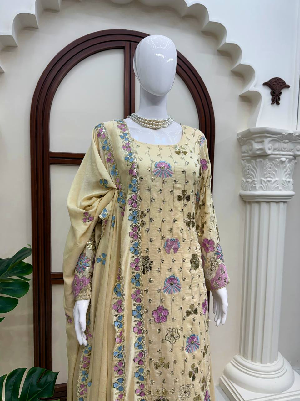 Yashika Vichitra Silk Thread & Sequence Embroidered Kurti with Palazzo & Dupatta Set