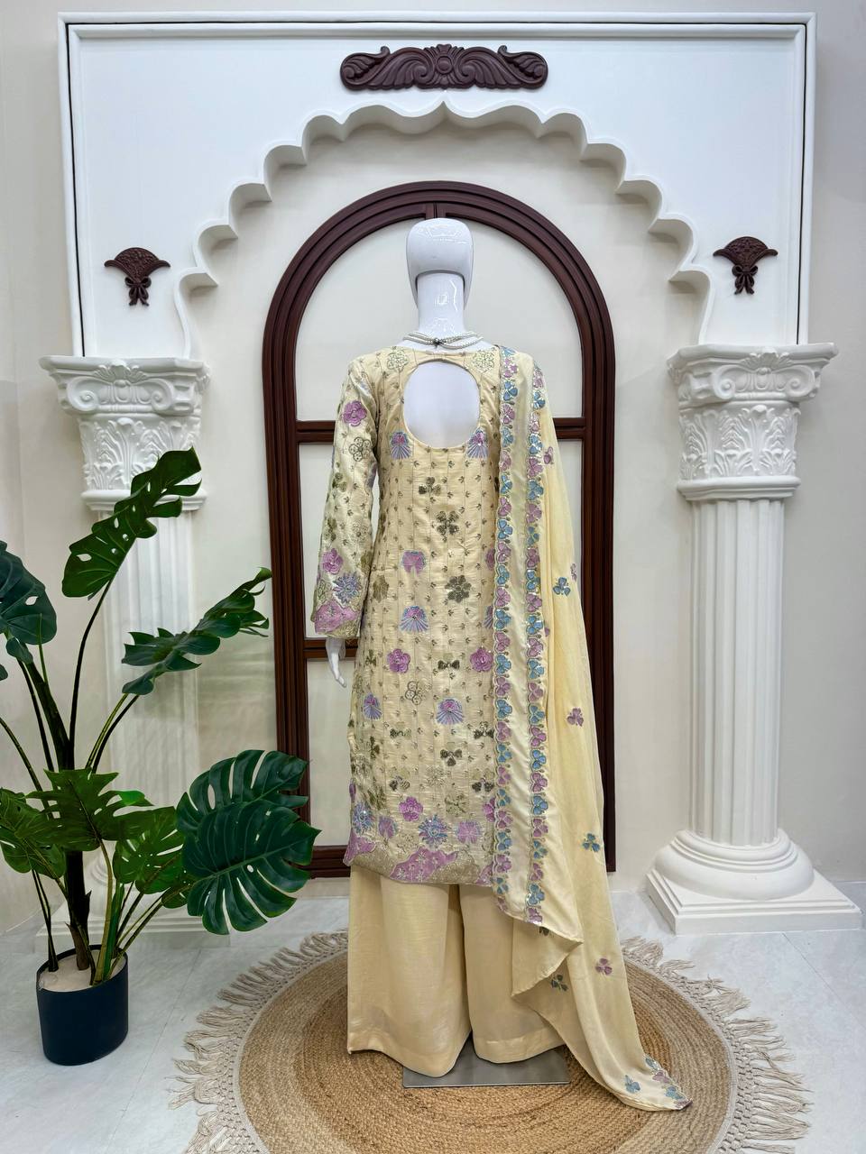 Yashika Vichitra Silk Thread & Sequence Embroidered Kurti with Palazzo & Dupatta Set