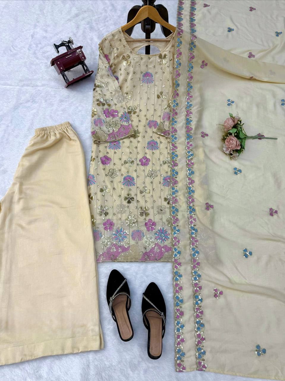 Yashika Vichitra Silk Thread & Sequence Embroidered Kurti with Palazzo & Dupatta Set