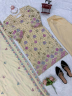 Yashika Vichitra Silk Thread & Sequence Embroidered Kurti with Palazzo & Dupatta Set