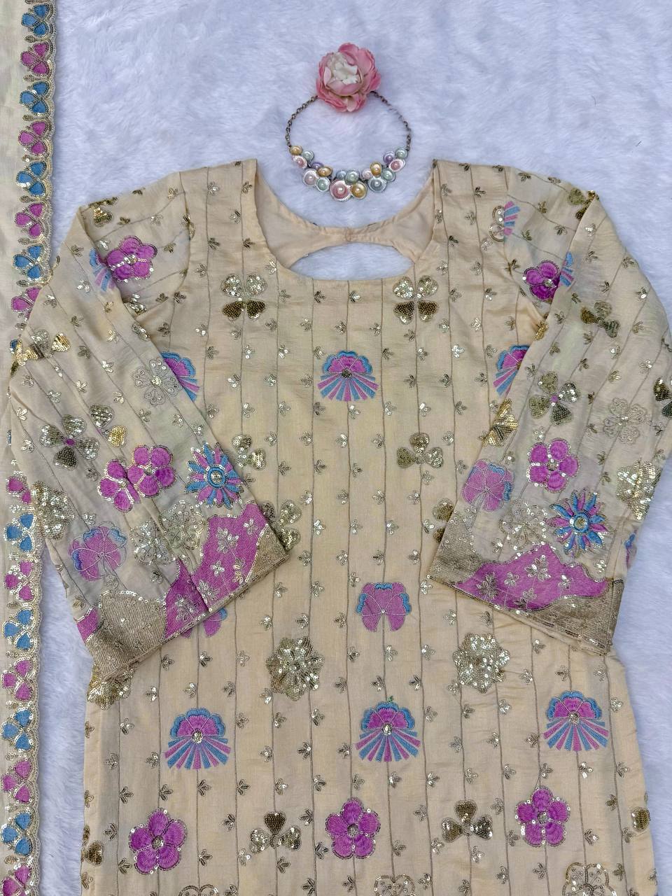 Yashika Vichitra Silk Thread & Sequence Embroidered Kurti with Palazzo & Dupatta Set
