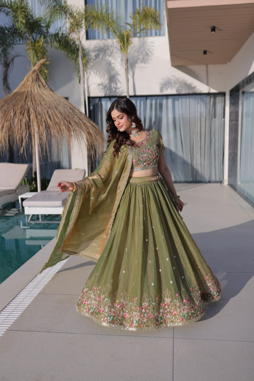 Royal Fendi Silk Festive Lehenga with Embroidered Dupatta