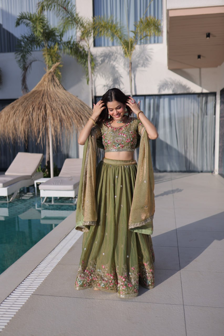 Royal Fendi Silk Festive Lehenga with Embroidered Dupatta