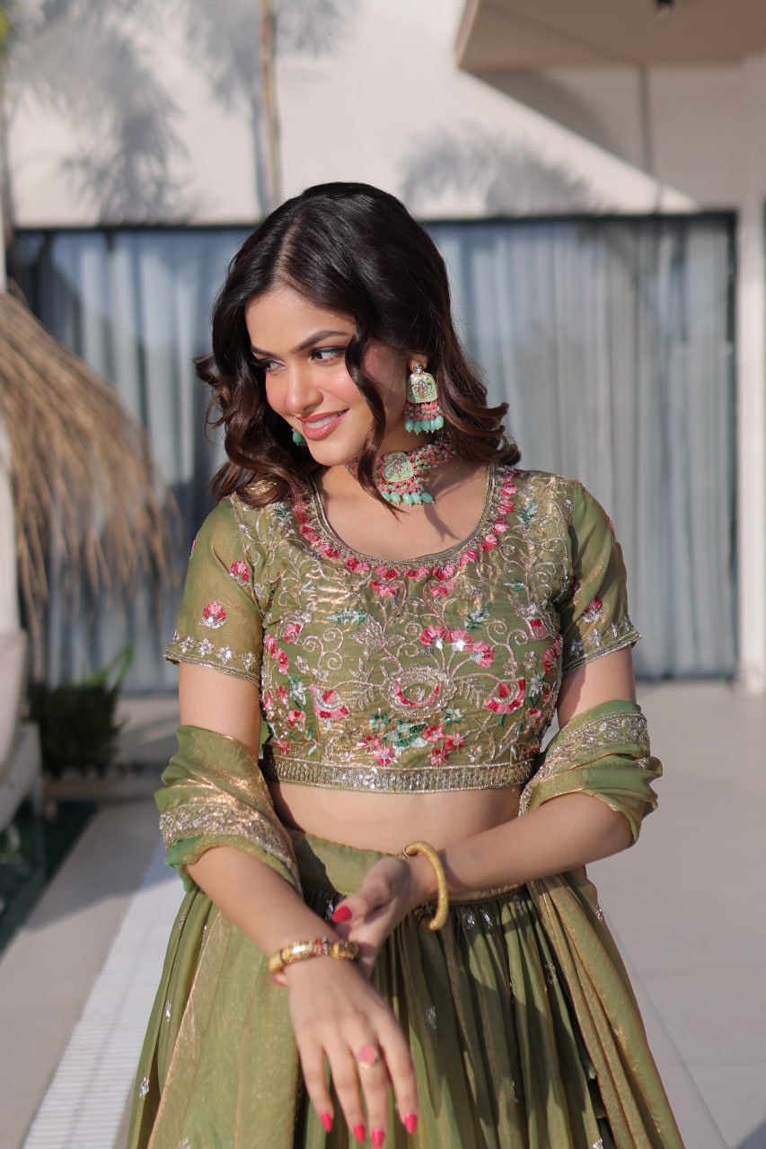 Royal Fendi Silk Festive Lehenga with Embroidered Dupatta