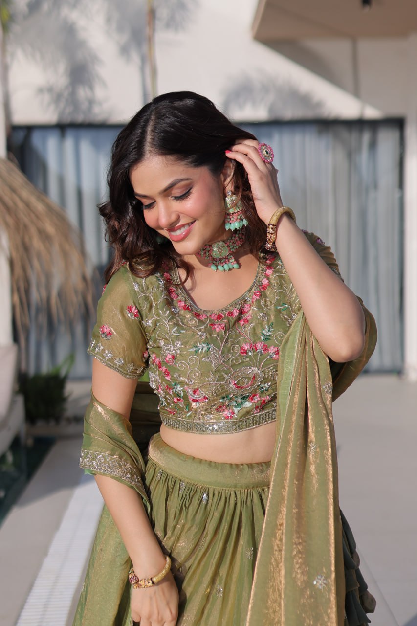 Royal Fendi Silk Festive Lehenga with Embroidered Dupatta
