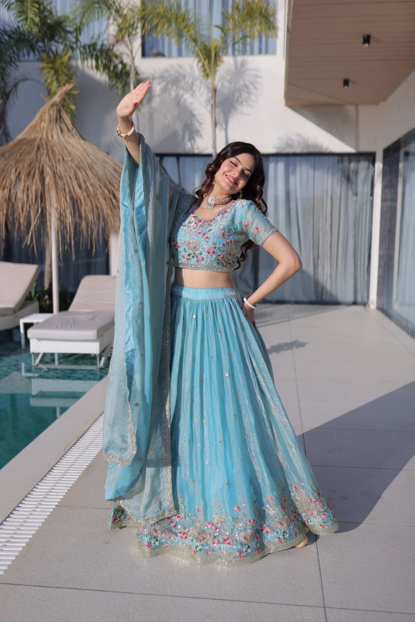Royal Fendi Silk Festive Lehenga with Embroidered Dupatta