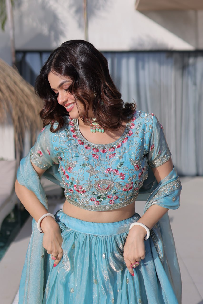 Royal Fendi Silk Festive Lehenga with Embroidered Dupatta