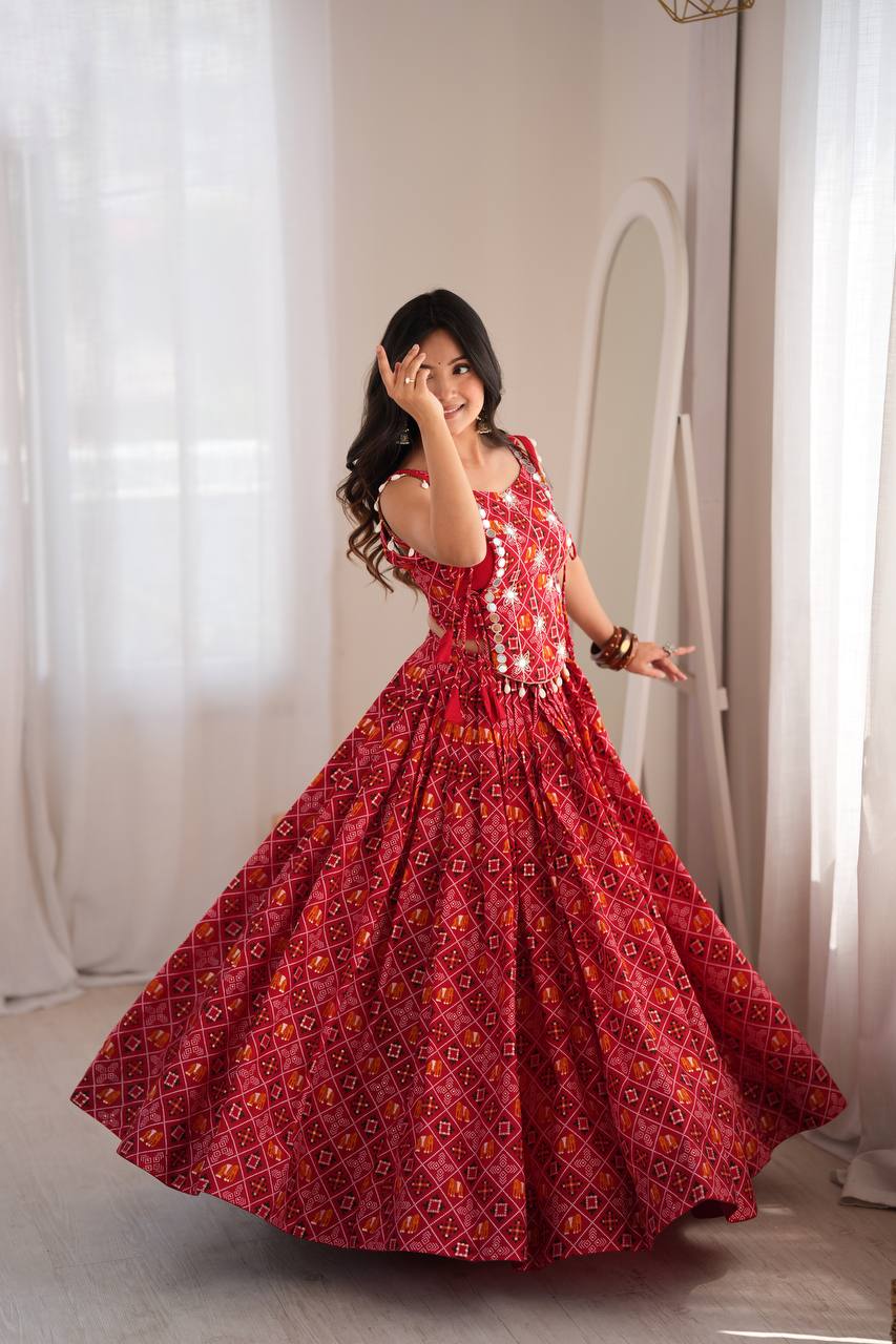 Saanjh Heavy Rayon Digital Printed Lehenga Choli with Embroidered Mirror Work Koti