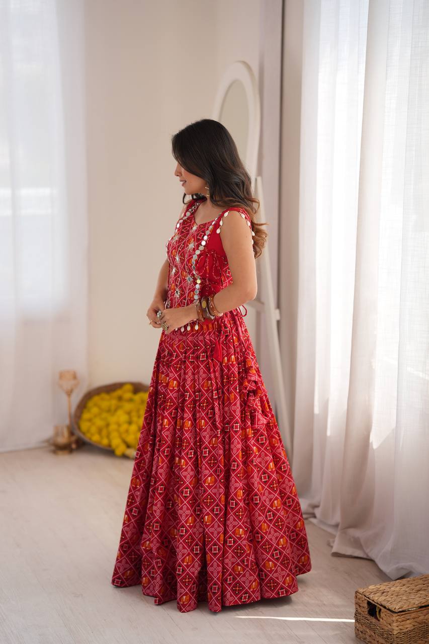 Saanjh Heavy Rayon Digital Printed Lehenga Choli with Embroidered Mirror Work Koti