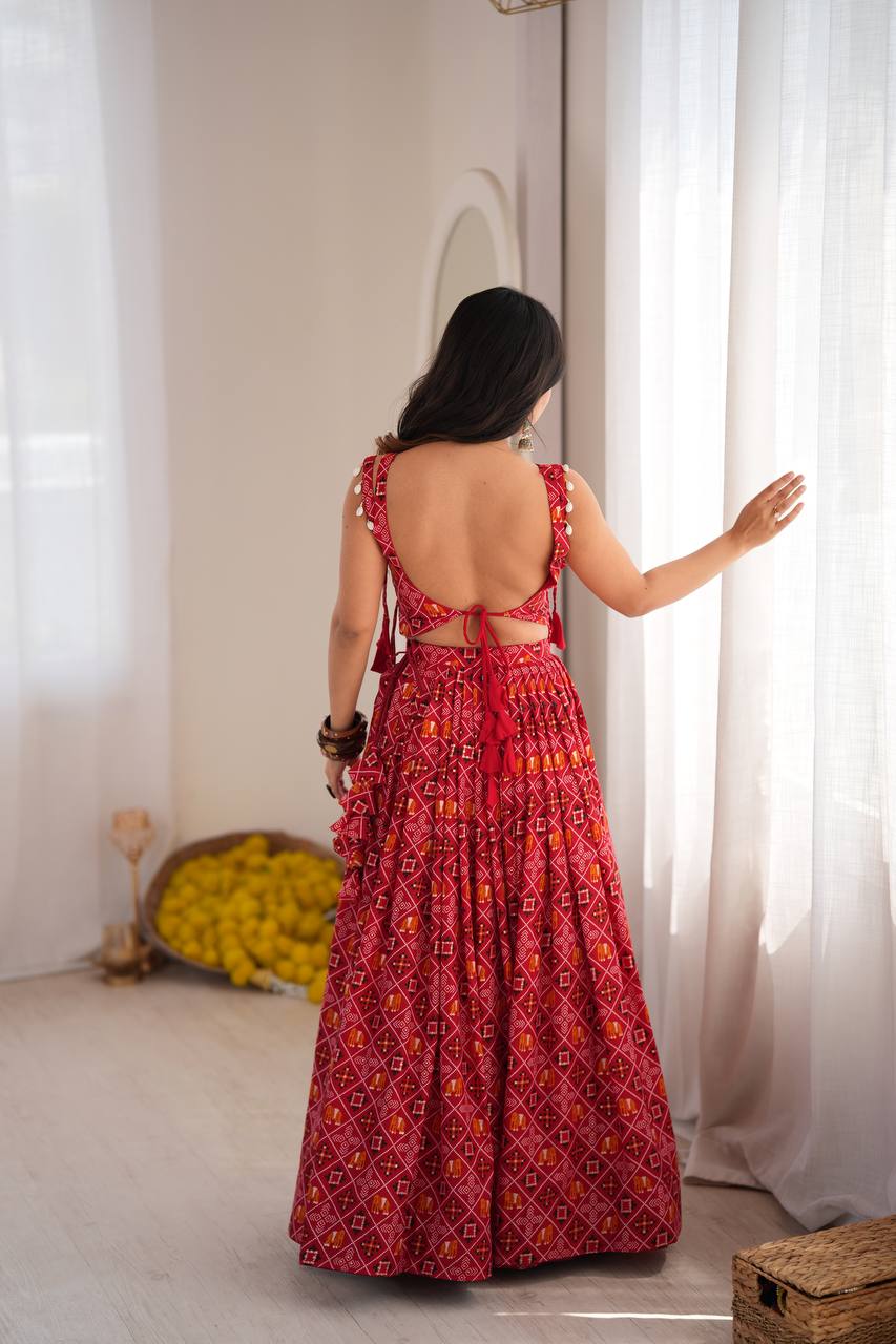 Saanjh Heavy Rayon Digital Printed Lehenga Choli with Embroidered Mirror Work Koti