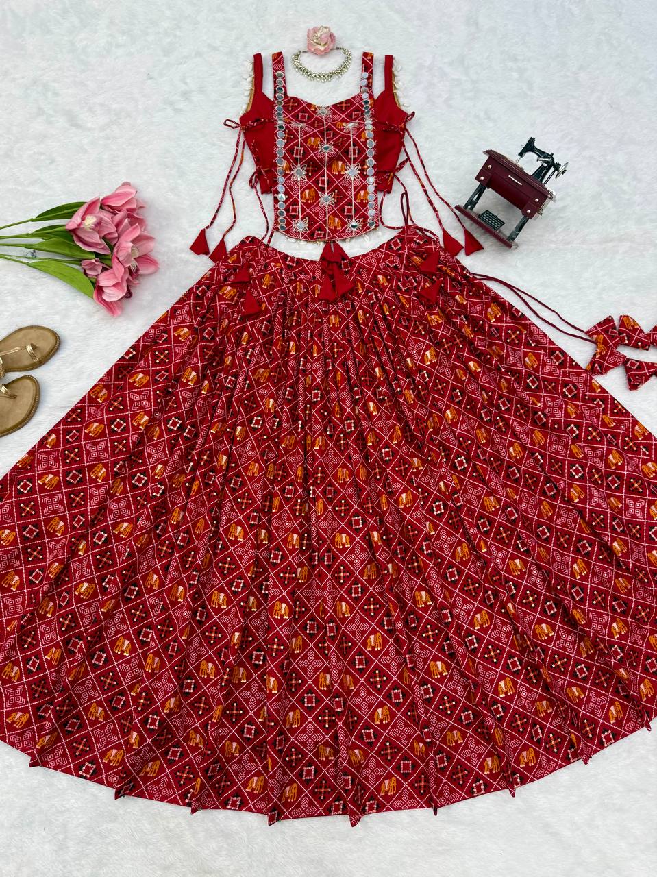 Saanjh Heavy Rayon Digital Printed Lehenga Choli with Embroidered Mirror Work Koti