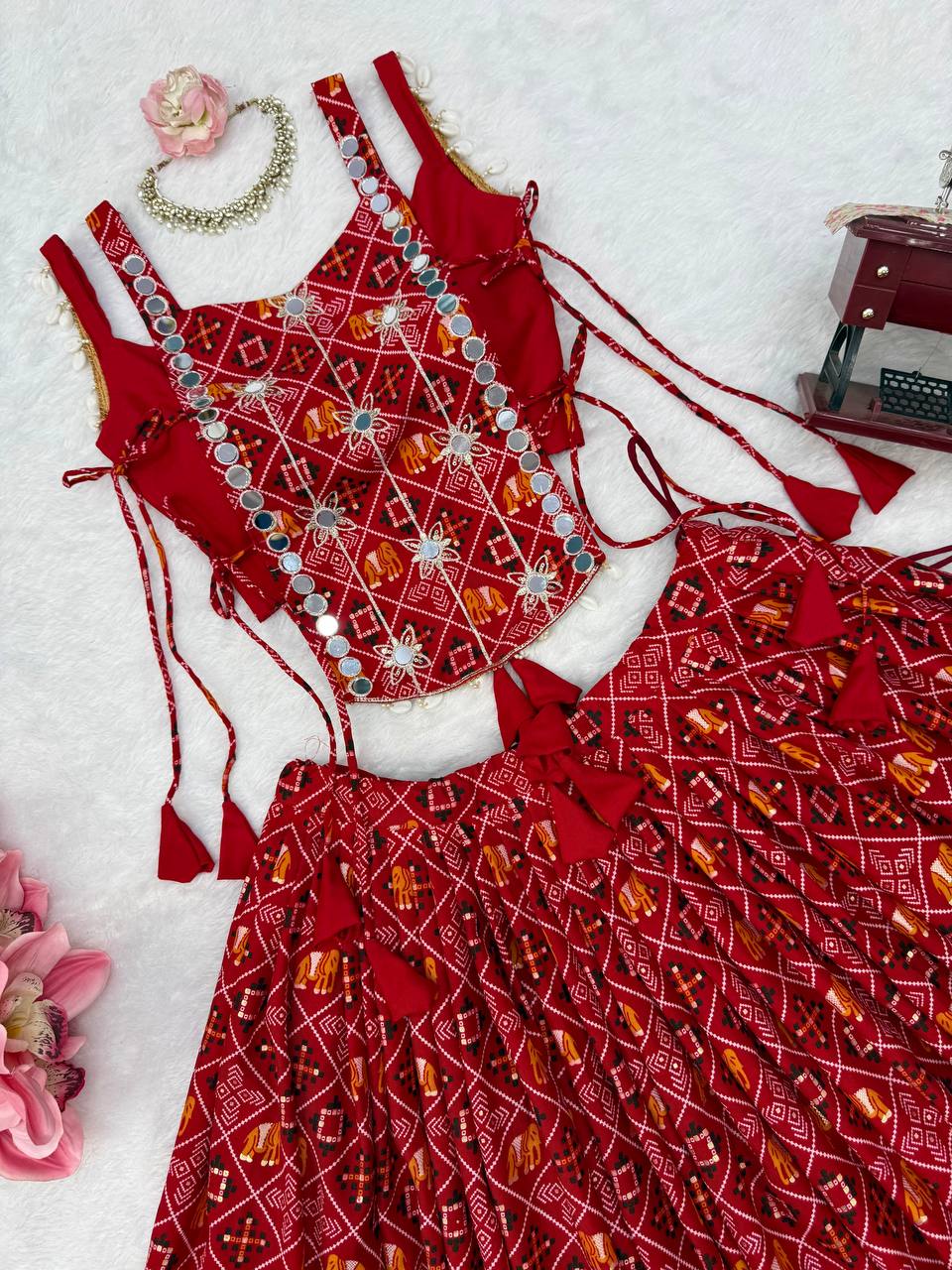 Saanjh Heavy Rayon Digital Printed Lehenga Choli with Embroidered Mirror Work Koti