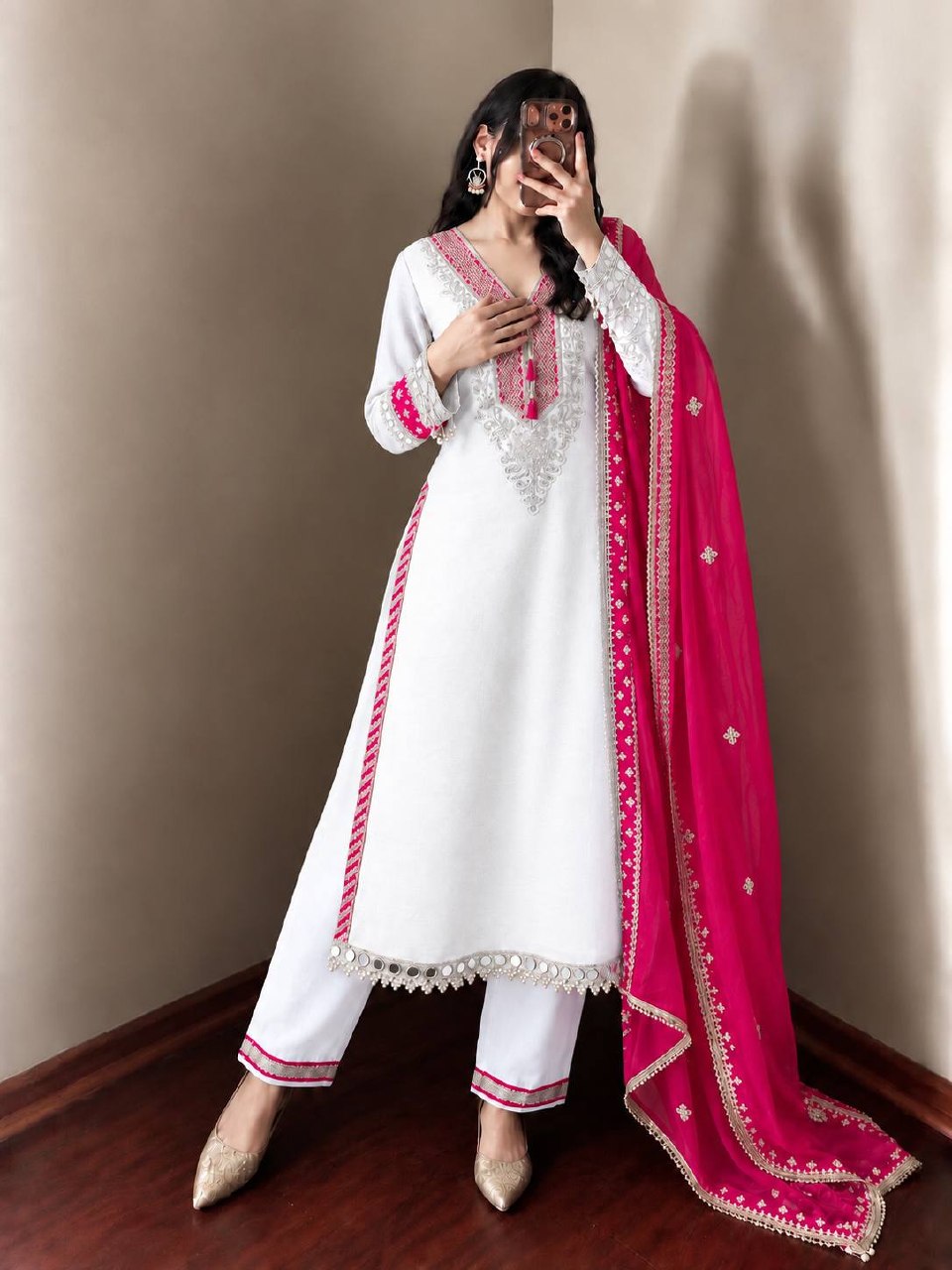 Inaya Heavy Pure Chinnon Luxury Mirror Moti Work Top With Embroidered Sequin Pant & Designer Dupatta
