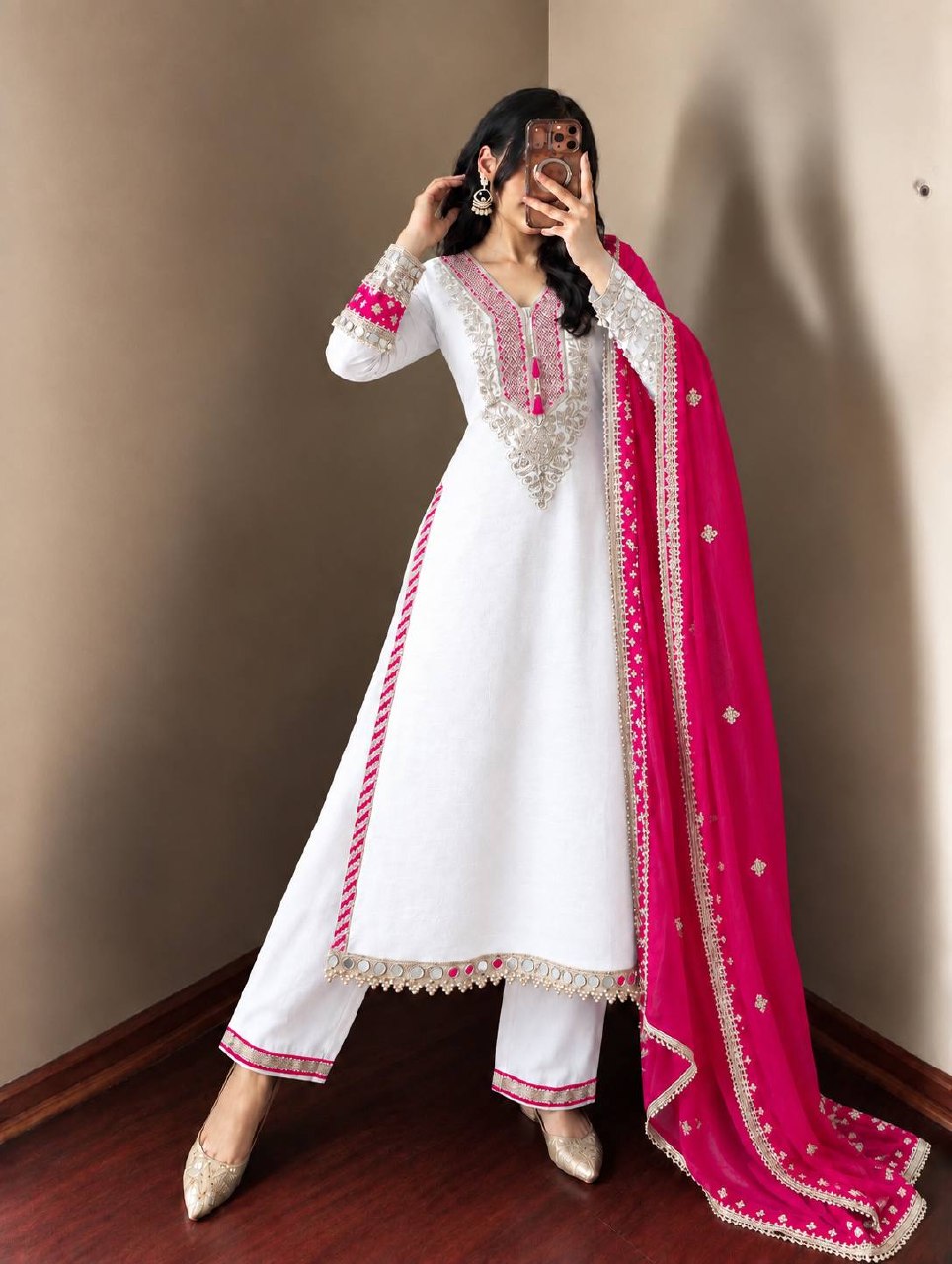 Inaya Heavy Pure Chinnon Luxury Mirror Moti Work Top With Embroidered Sequin Pant & Designer Dupatta