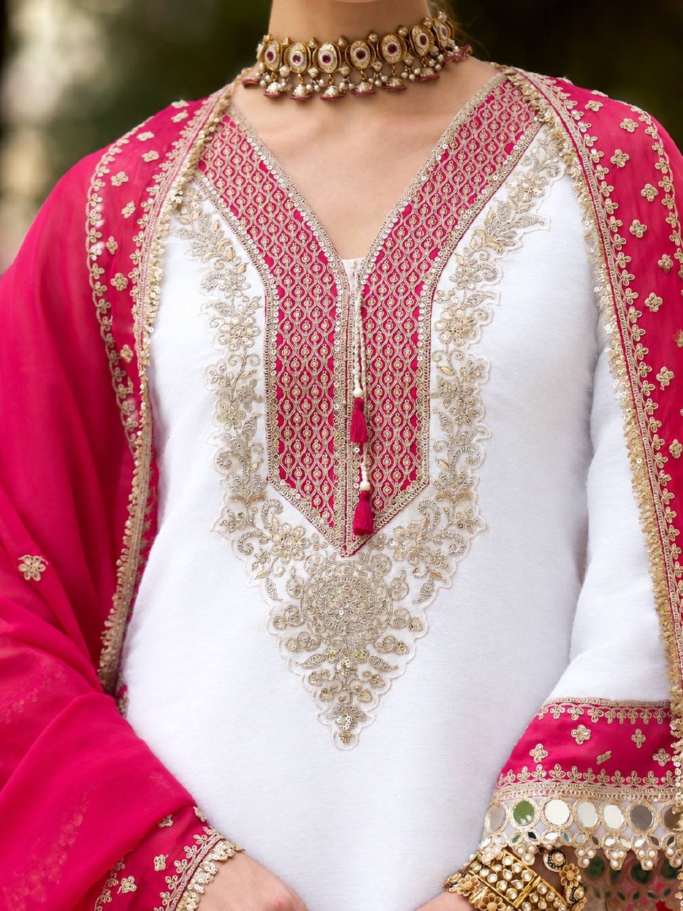 Inaya Heavy Pure Chinnon Luxury Mirror Moti Work Top With Embroidered Sequin Pant & Designer Dupatta