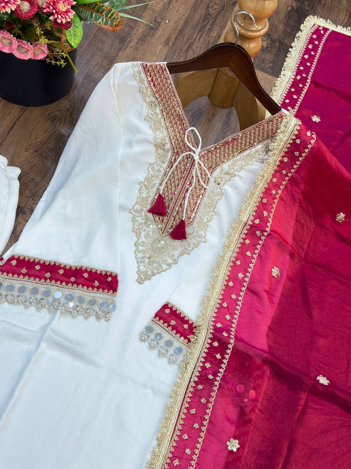 Inaya Heavy Pure Chinnon Luxury Mirror Moti Work Top With Embroidered Sequin Pant & Designer Dupatta