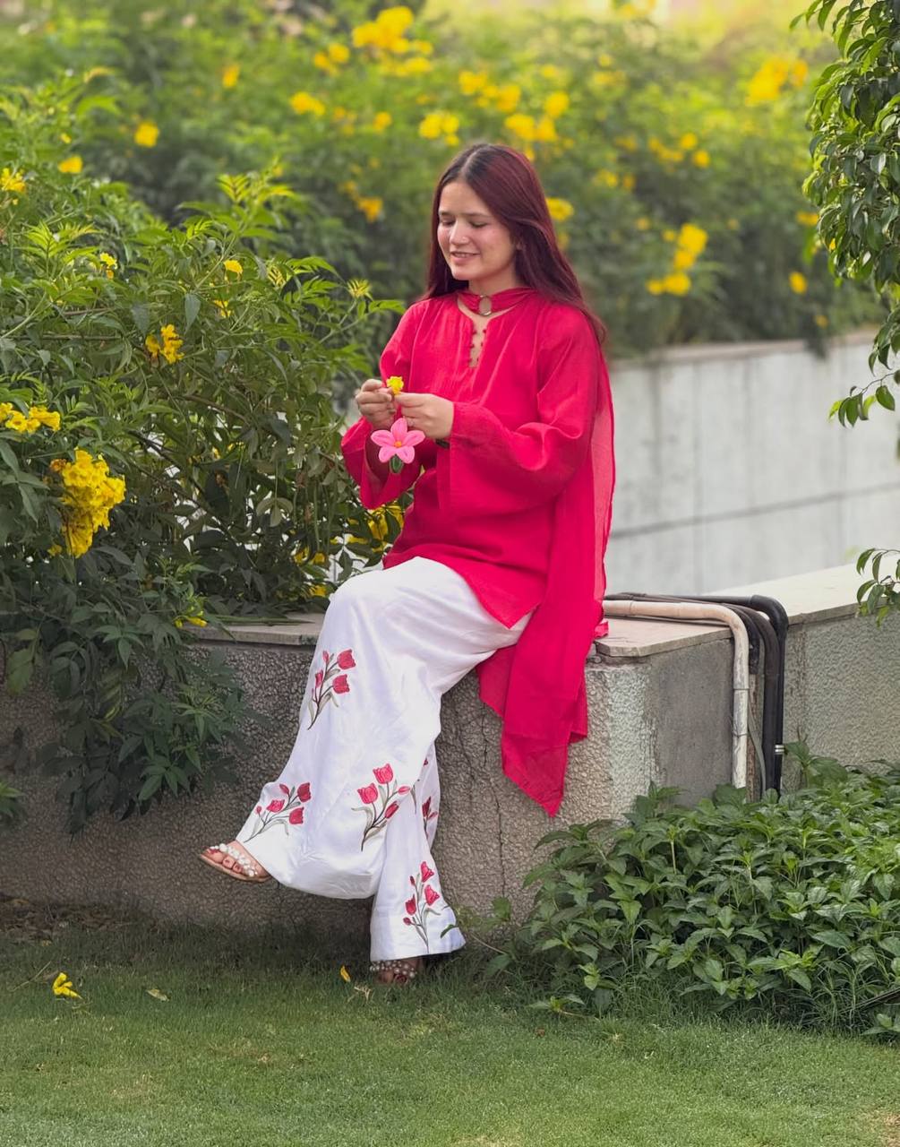 Designer Mal Chanderi Cotton Top with Multi-Needle Sequin Embroidered Roman Cotton Palazzo Pant & Dupatta