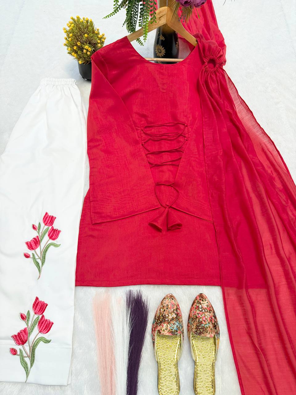 Designer Mal Chanderi Cotton Top with Multi-Needle Sequin Embroidered Roman Cotton Palazzo Pant & Dupatta