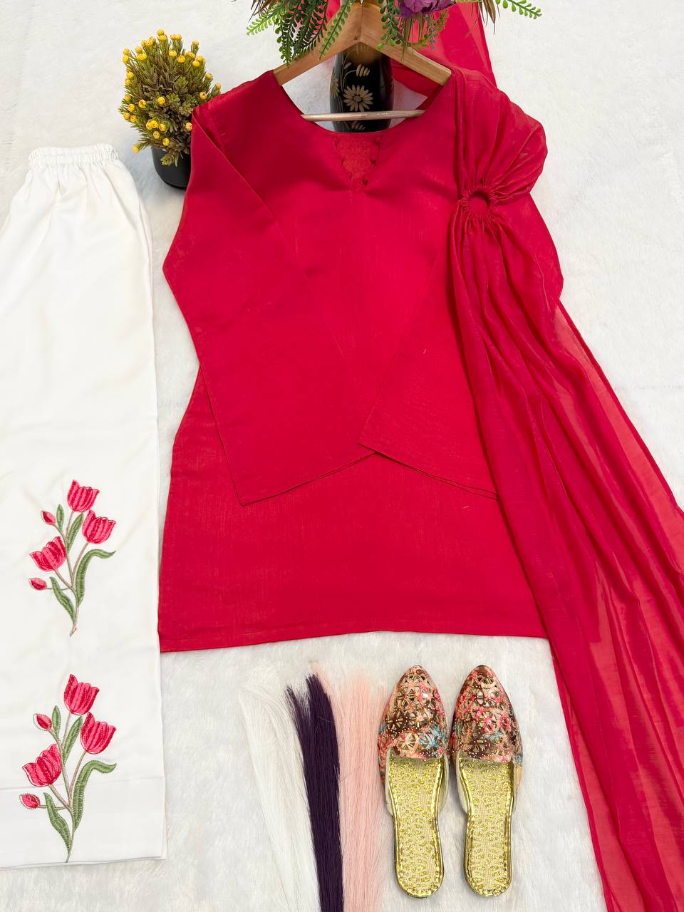 Designer Mal Chanderi Cotton Top with Multi-Needle Sequin Embroidered Roman Cotton Palazzo Pant & Dupatta